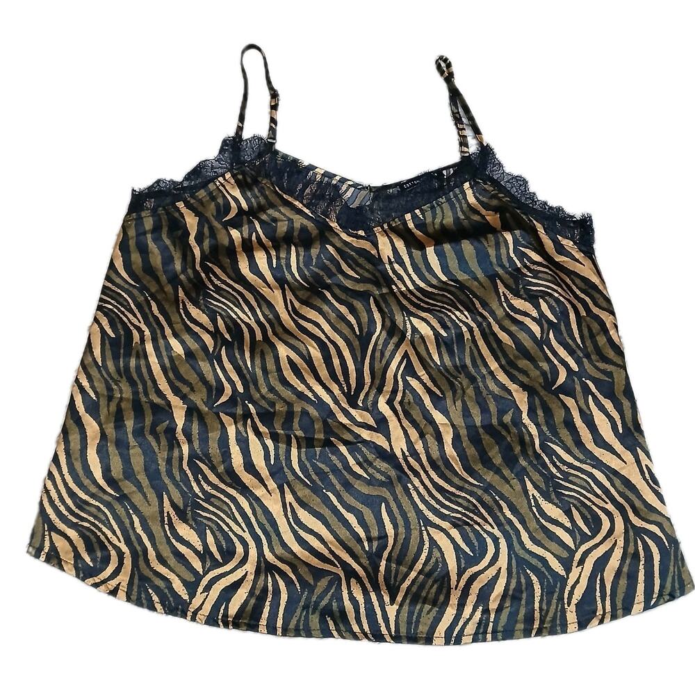 Cotton On Satin Zebra Print Cami Tank Top SP Small Gold Black Lace Trim Y2K Glam